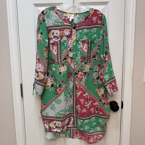 Fig and Flower Anthropologie Top Womens L Green Floral Boho Peasant Cottagecore - Picture 1 of 11